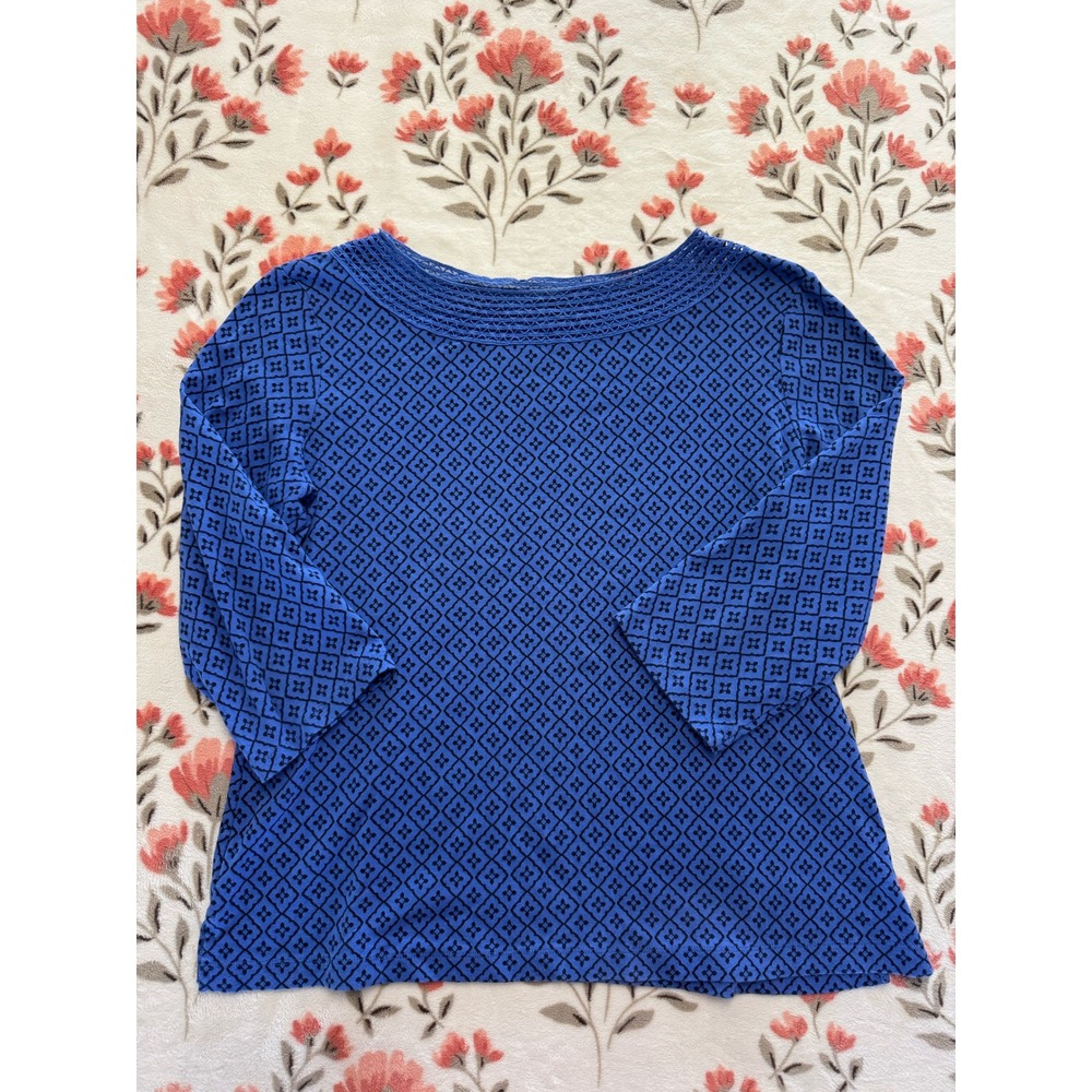 Croft & Barrow Womens Blue Geometric Cotton Boat Neck Crochet Trim Top Large